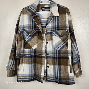 Zara Italian Fabric Wool Blend‎ Plaid Shacket Brown Blue — Men’s Medium Layering